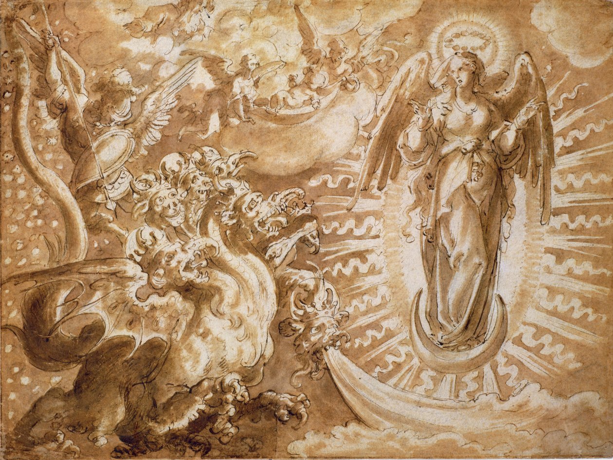 Güneşli Kadın ve Yedi Başlı Ejderha, c.1600 (siyah tebeşir üzerine akan kalem ve mürekkep) by German School