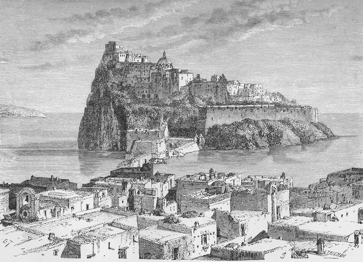 Volkanik Ischia adasının kalesi by German School