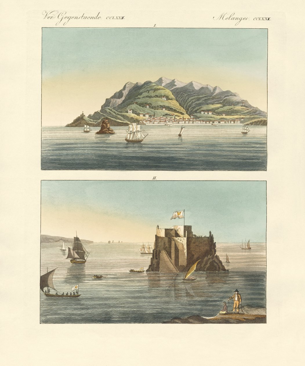 Madeira adasının Funchal şehri ve Fort Loo (renkli gravür) by German School