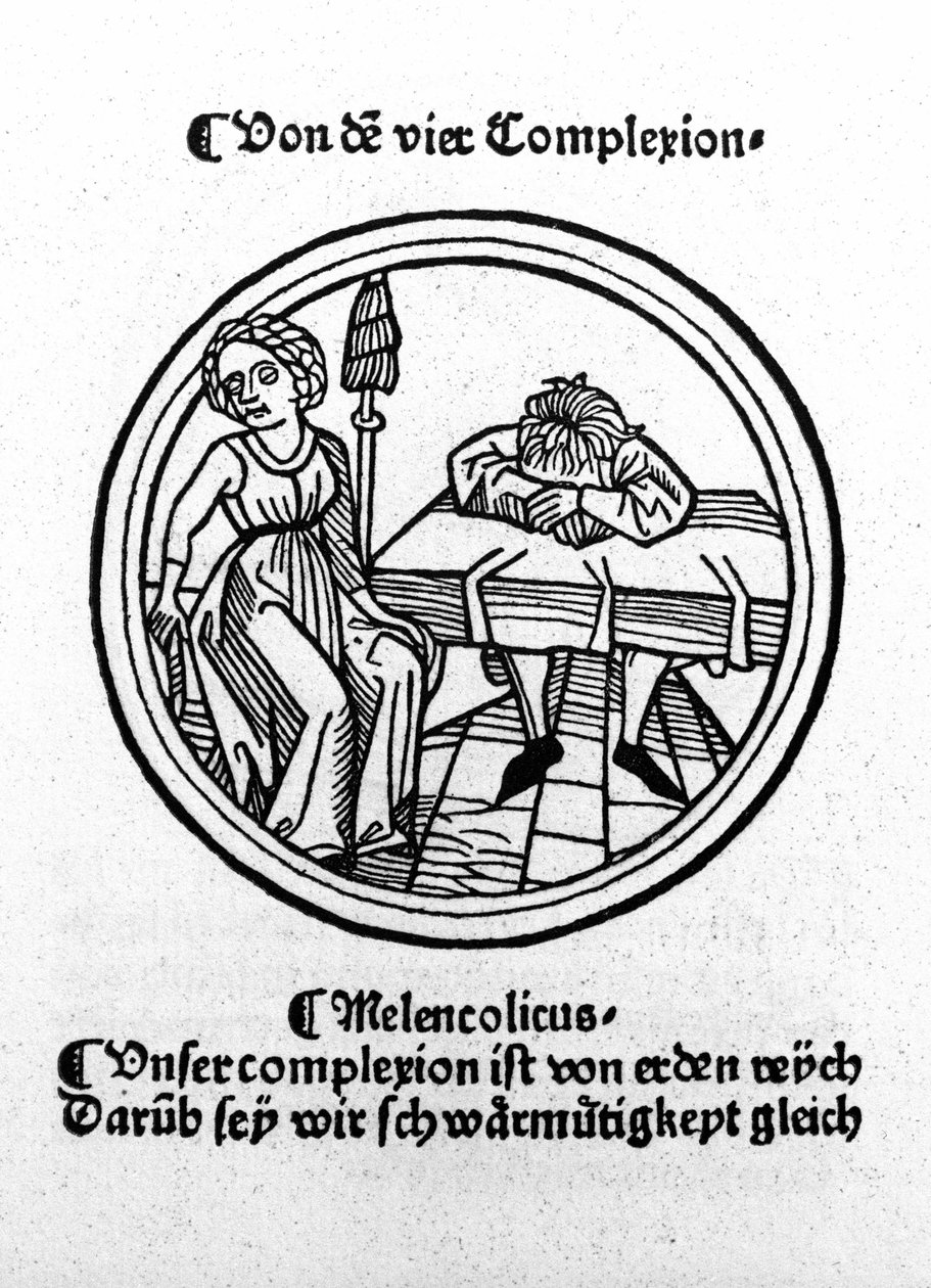 Dört mizaç: melankolik (üzgün ve depresif). Ksilografi, Augsburg 1480. by German School