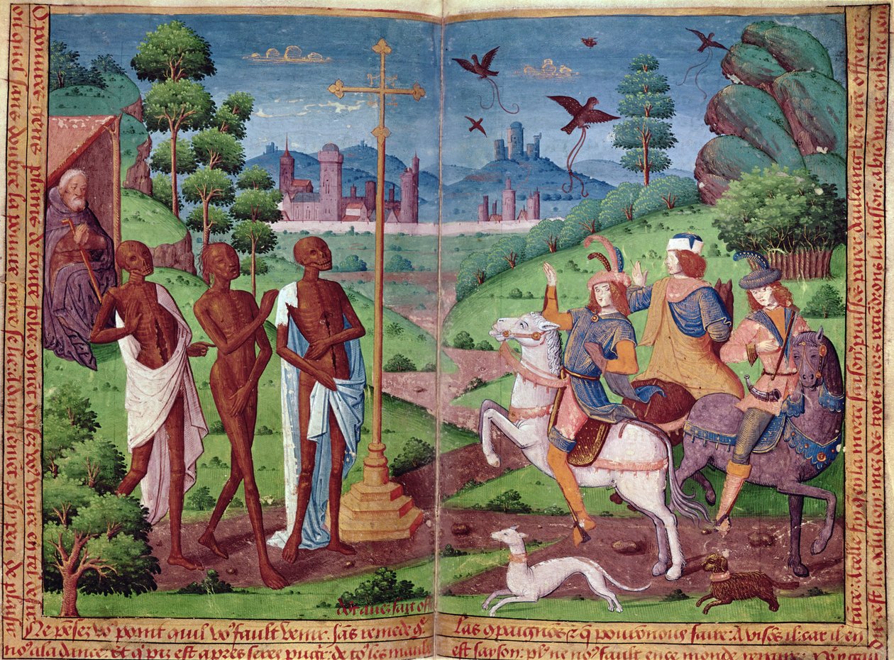 Charles V'nin Saatleri Kitabından (parşömen) üç yaşayan adam ve üç ölü adamın efsanesi by German School