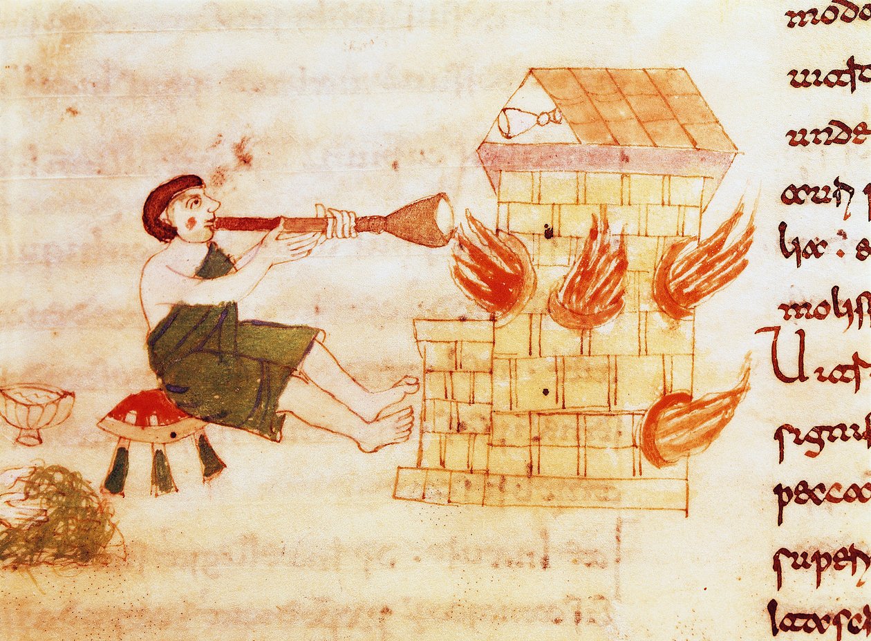 Rabanus Maurus Magnentius (veya Raban Maur veya Rabano Mauro) (yaklaşık 780-856) tarafından yazılan “” De Universo” (veya De rerum naturis (Nesnelerin Doğasına Dair)) (kod. 132) el yazmasından minyatür cam üfleyici . 9. yüzyıl. Monte Cassino Manastırı Arşi by German School