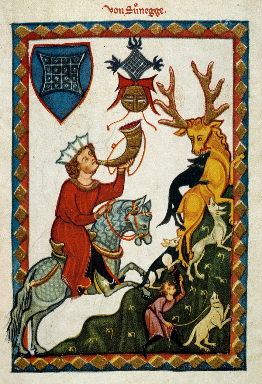 Av zevkleri: Hohenstaufen Kralı Radin, II. Conrad adıyla Sicilya (İtalya) ve Kudüs (İsrail) Kralı, III. Conrad adıyla Swabia Dükü ve V. Conrad adıyla Romalıların Kralı (1252) -1268) geyik avlar. aydınlatıcı by German School