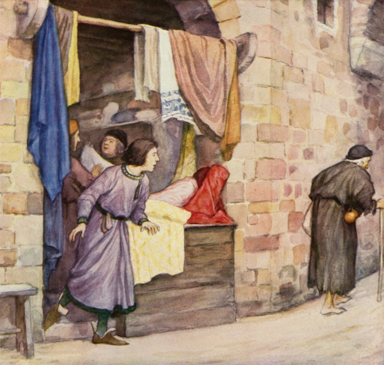 Genç Aziz Francis ve dilenci (renkli taş baskı) by German School