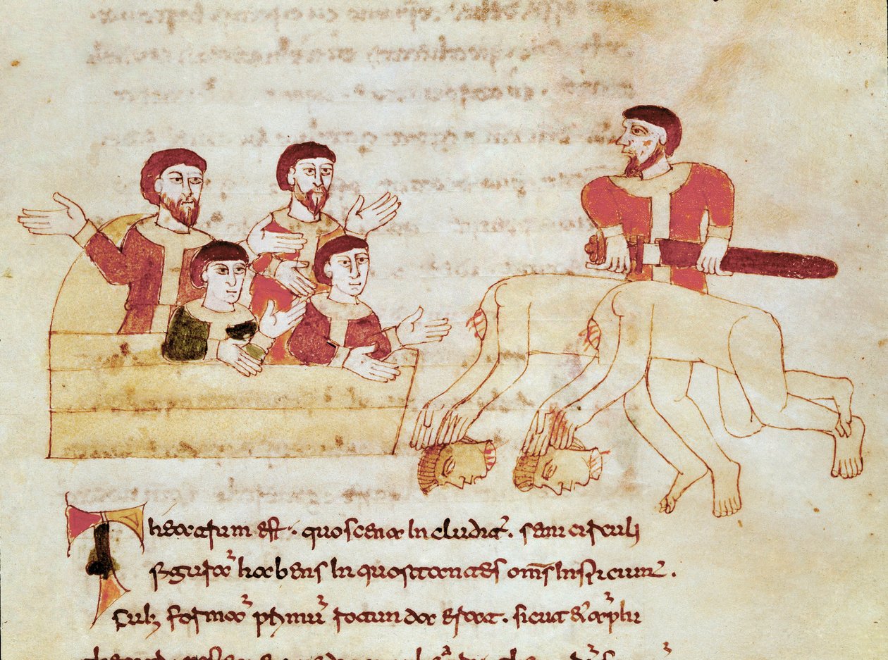 Tiyatro sahnesi, soldaki seyirci aktörlerin performansını alkışlıyor Rabanus Maurus Magnentius (veya Raban) tarafından “” De Universo” (veya De rerum naturis (Of the Nature of Things)) (kod. 132) adlı el yazmasından alınan Minyatür Maur veya Rabano Mauro)  by German School