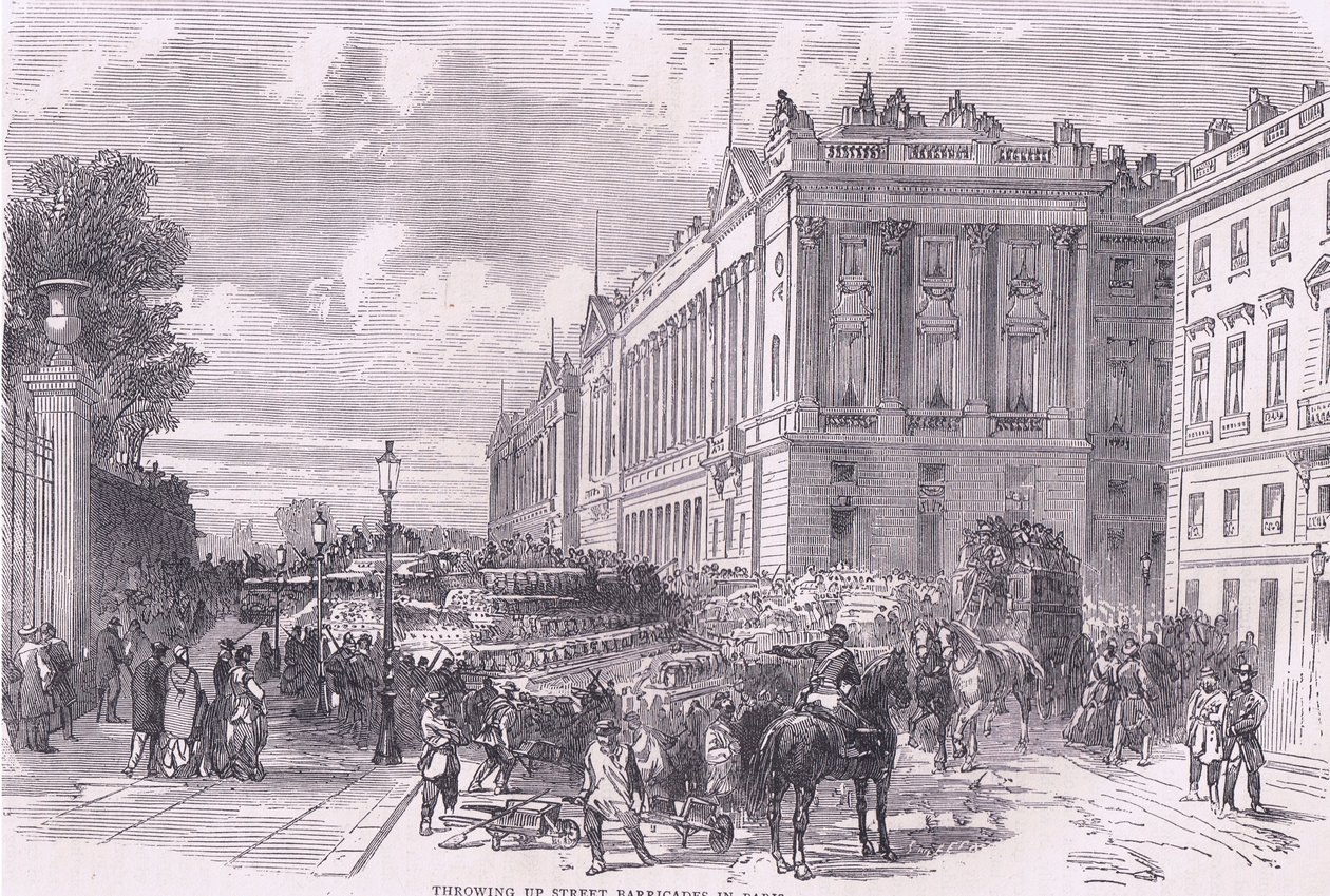 Paris'te sokak barikatları atma, Cassell ve Company Limited tarafından yayınlanan Fransa ve Almanya arasındaki Savaşın Cassells Tarihi, c.1890 (litho) by German School