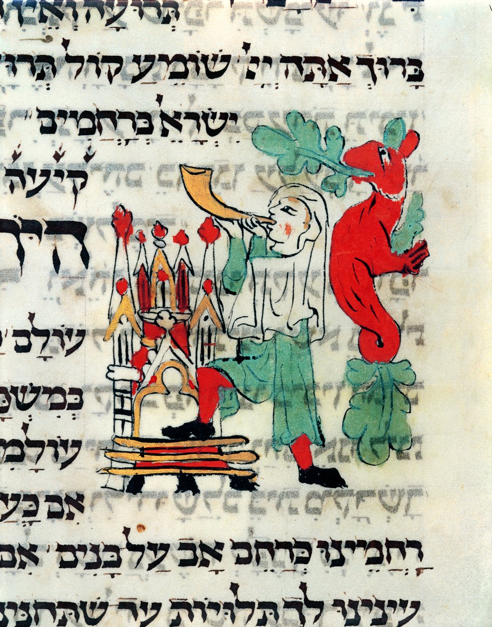 Rosh Hashanah ve Yom Kippur zamanında Shofar'ı üfleyen trompetçi, Alman ayinine göre el yazması, 13.-14. yüzyıl by German School