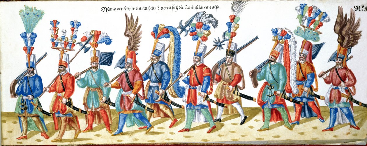 Türk Yeniçerileri, Osmanlı Padişahının sarayıyla ilgili illüstrasyonlar koleksiyonundan, c.1600 (kağıt üzerinde wc) by German School