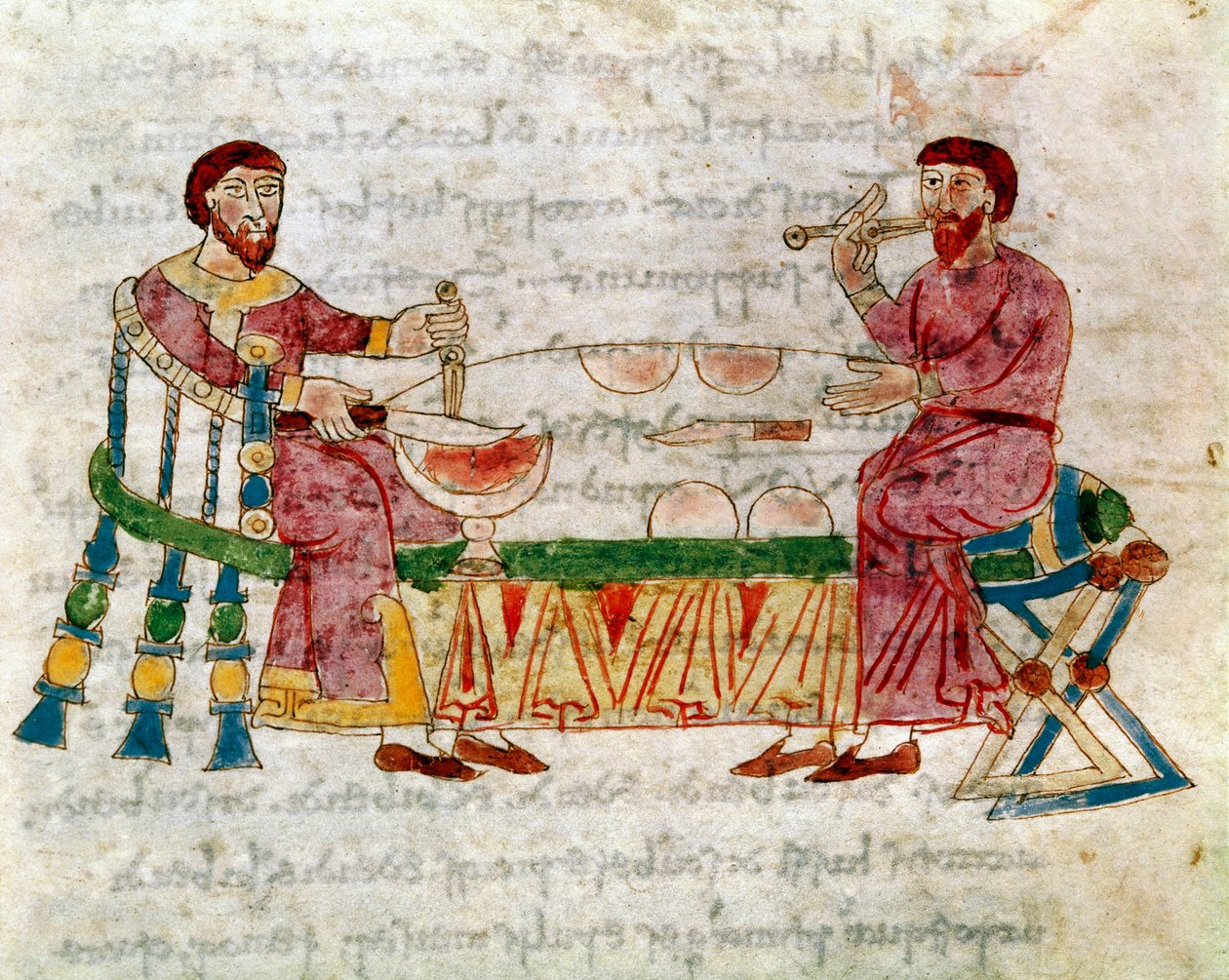 Rabanus Maurus Magnentius (veya Raban Maur veya Rabano) tarafından yazılan "De Month et Escis", "De Universo" (veya De rerum naturis (De la Nature des selects)) (kod. 132) adlı kitaptan alınan bir yemek sırasında iki adam Mauro) (yaklaşık 780-856). 9. yüzy by German School
