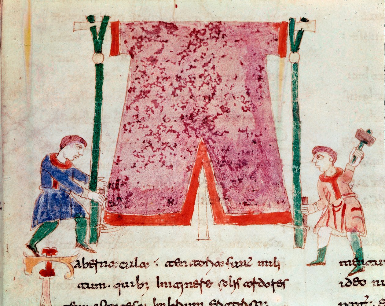 Bir çadırda duran iki adam. Minyatür, Rabanus Maurus Magnentius (veya Raban Maur veya Rabano Mauro, yaklaşık 780-856) tarafından "" De Universo" veya "" De rerum naturis" (Şeylerin Doğasından) adlı el yazmasından alınmıştır. 9. yüzyıl. Monte Cassino Manast by German School