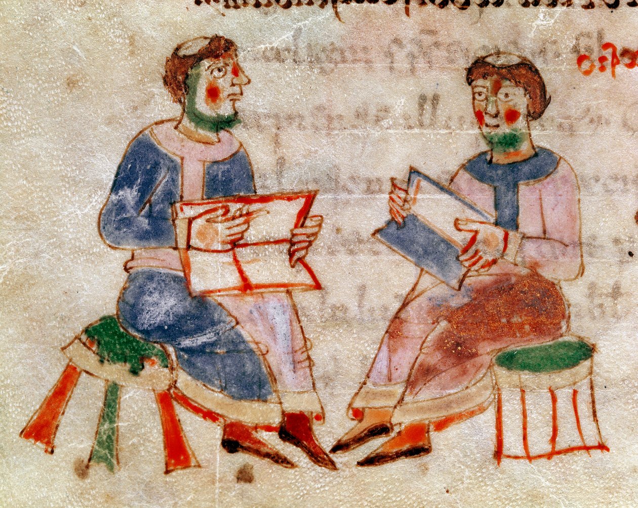 Rabanus Maurus Magnentius (ya da Raban Maur) tarafından “De Universo”da (veya De rerum naturis (De la Nature des selects)) (kod. 132) “de Gymnasium” cildinden alınan iki keşiş tartışıyor veya minyatür kurs sahnesi veya Rabano Mauro) (yaklaşık 780-856). 9.  by German School