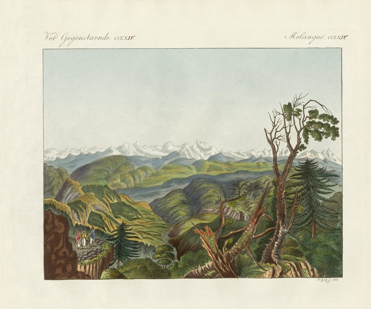 Himalayaların iki görünümü (renkli gravür) by German School