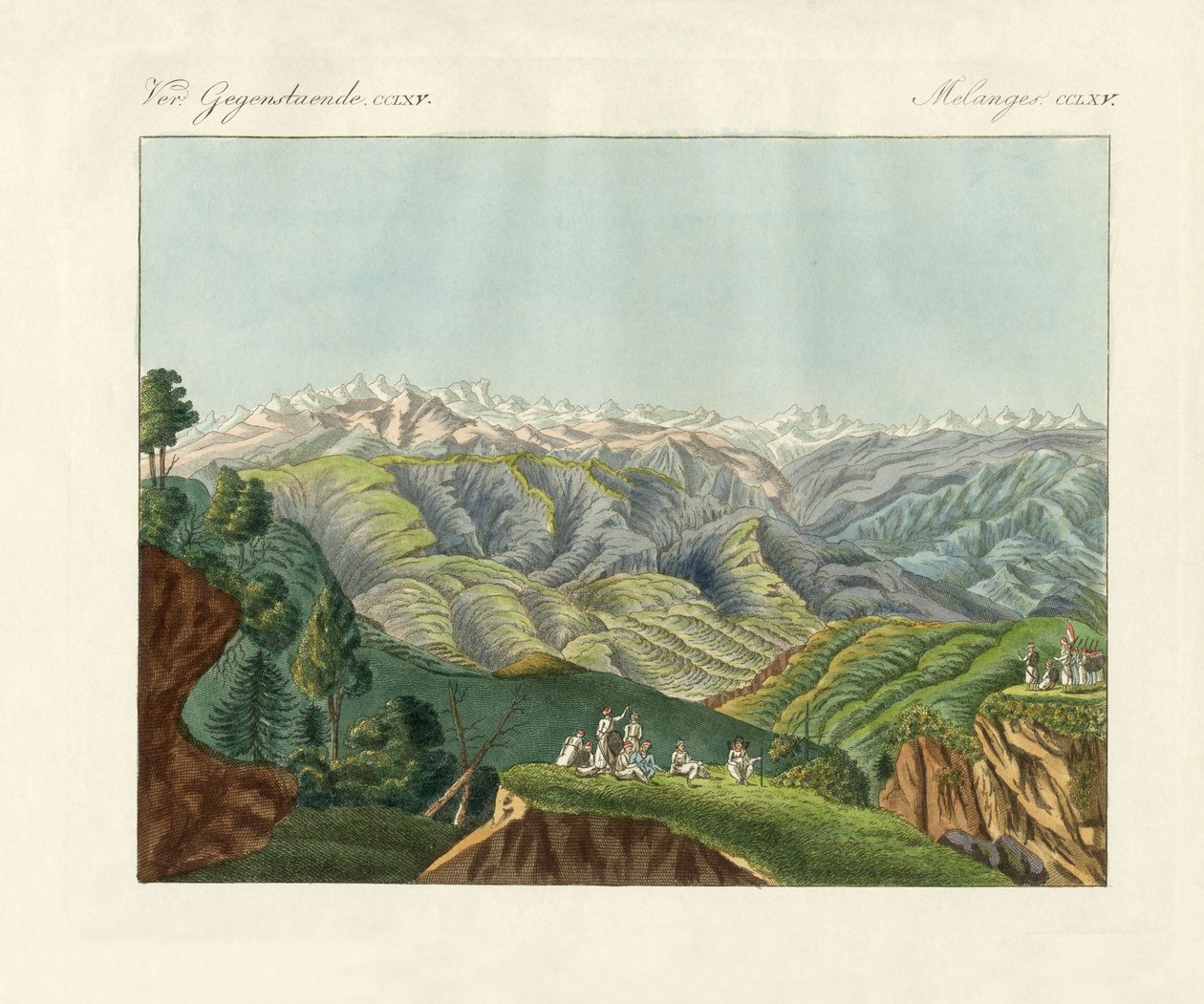 Himalayaların iki görünümü (renkli gravür) by German School