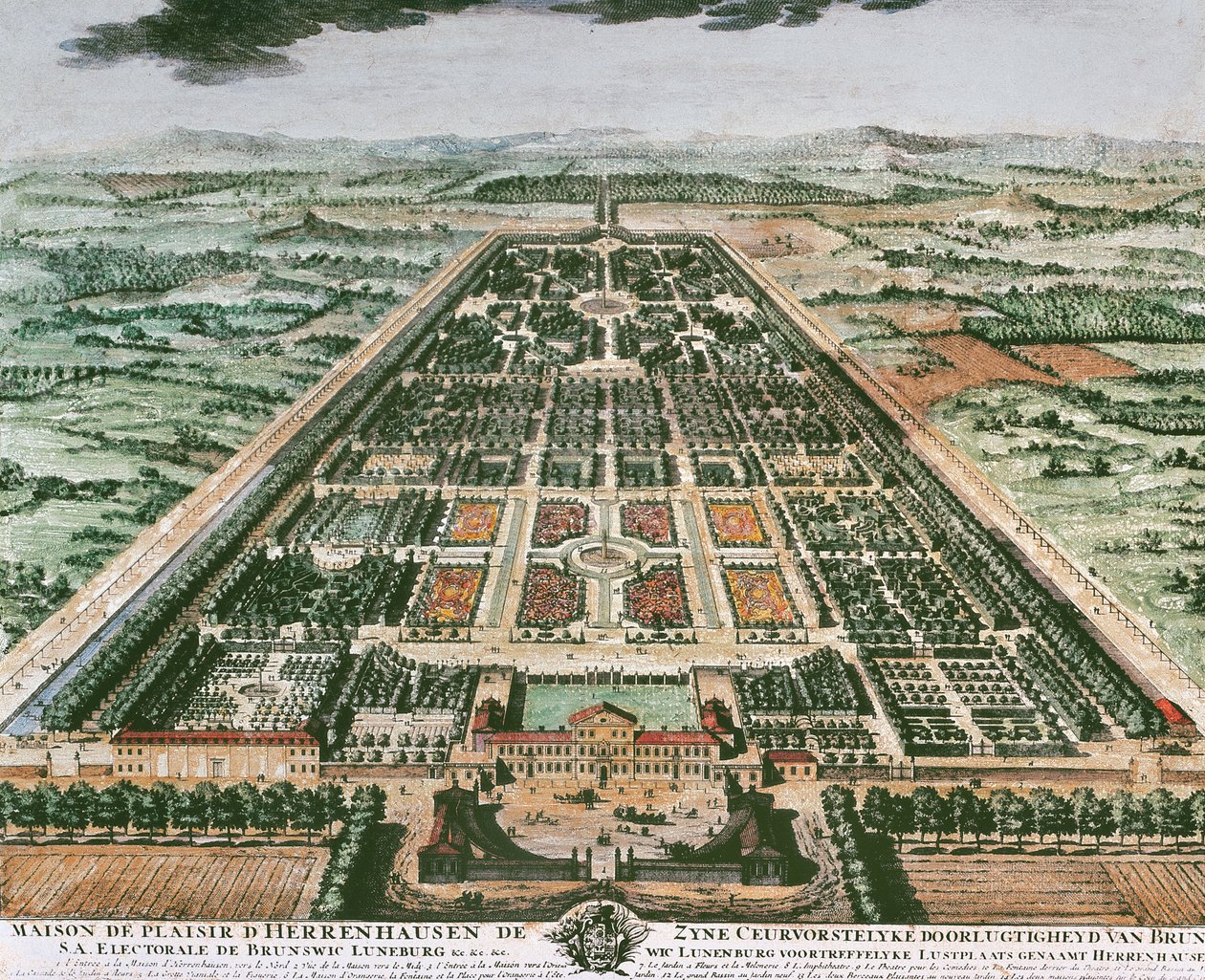 Herrenhausen Kalesi bahçesinin görünümü, yaklaşık 1708, renkli baskı, Almanya by German School