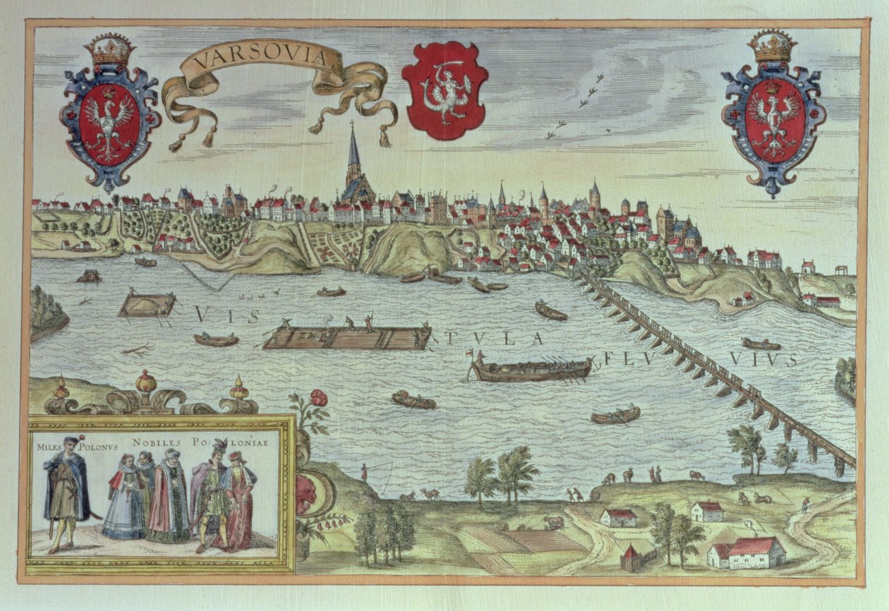 'Eski Avrupa Şehir Manzaraları' (gravür) 'den Vistül nehri yanında Varşova şehrinin görünümü by German School