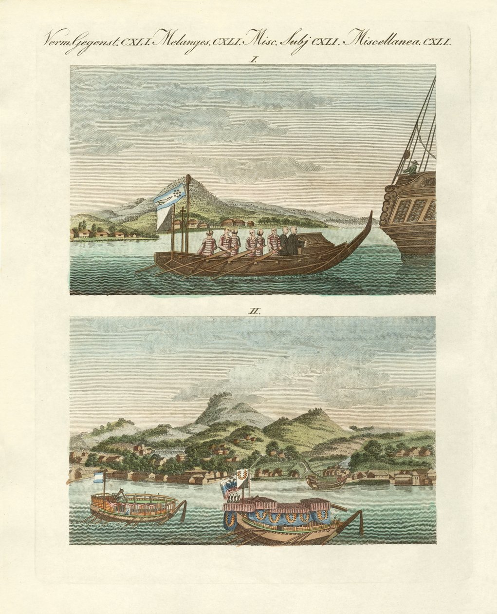 Japon araçlarının yanında Japonya kıyılarının manzarası (renkli gravür) by German School
