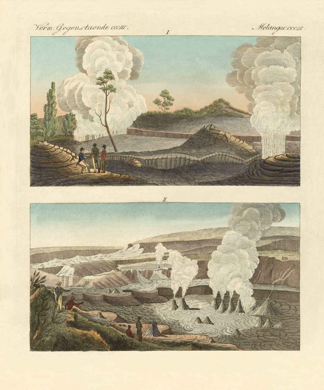 Hawaii Adası'ndaki volkanlar (renkli gravür) by German School
