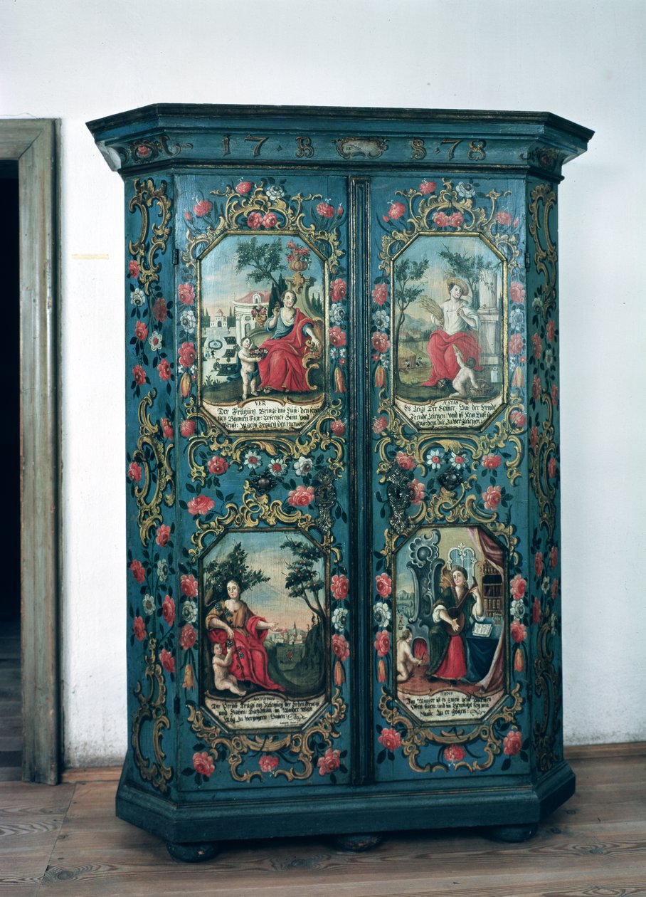 Dört mevsim sahneleriyle süslenmiş gardırop, 1778 (boyalı ahşap) by German School