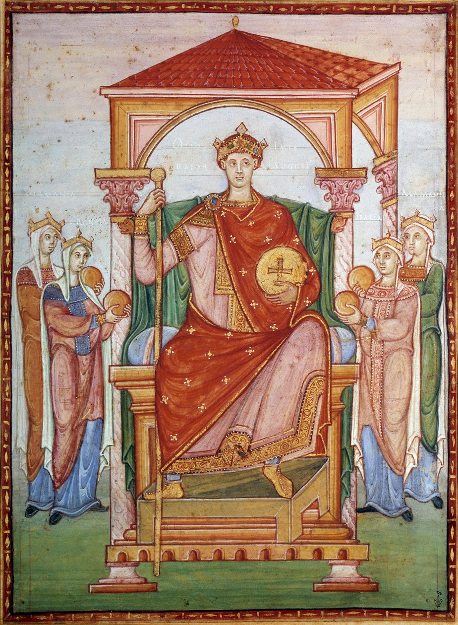 Otton III (980-1002) Cermen imparatoru, 10. yüzyılın sonlarında “Otton III Evanjelik” el yazmasından Minyatür ulusların haraçını alıyor. Chantilly, Conde Müzesi by German School