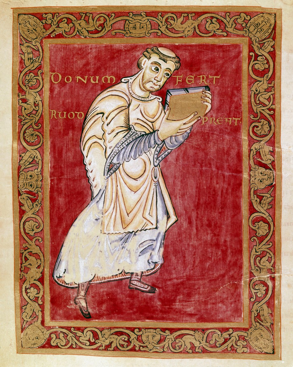 Keşiş Ruodprecht, el yazmasını Reichenau okulu tarafından Egbert de Treves (977-993) Minyatür Egbert Kodeksi (Codex Egberti) kemerine götürür. Cividale del Friuli, Museo Archeologico veya Cathedrale de Cividale by German School