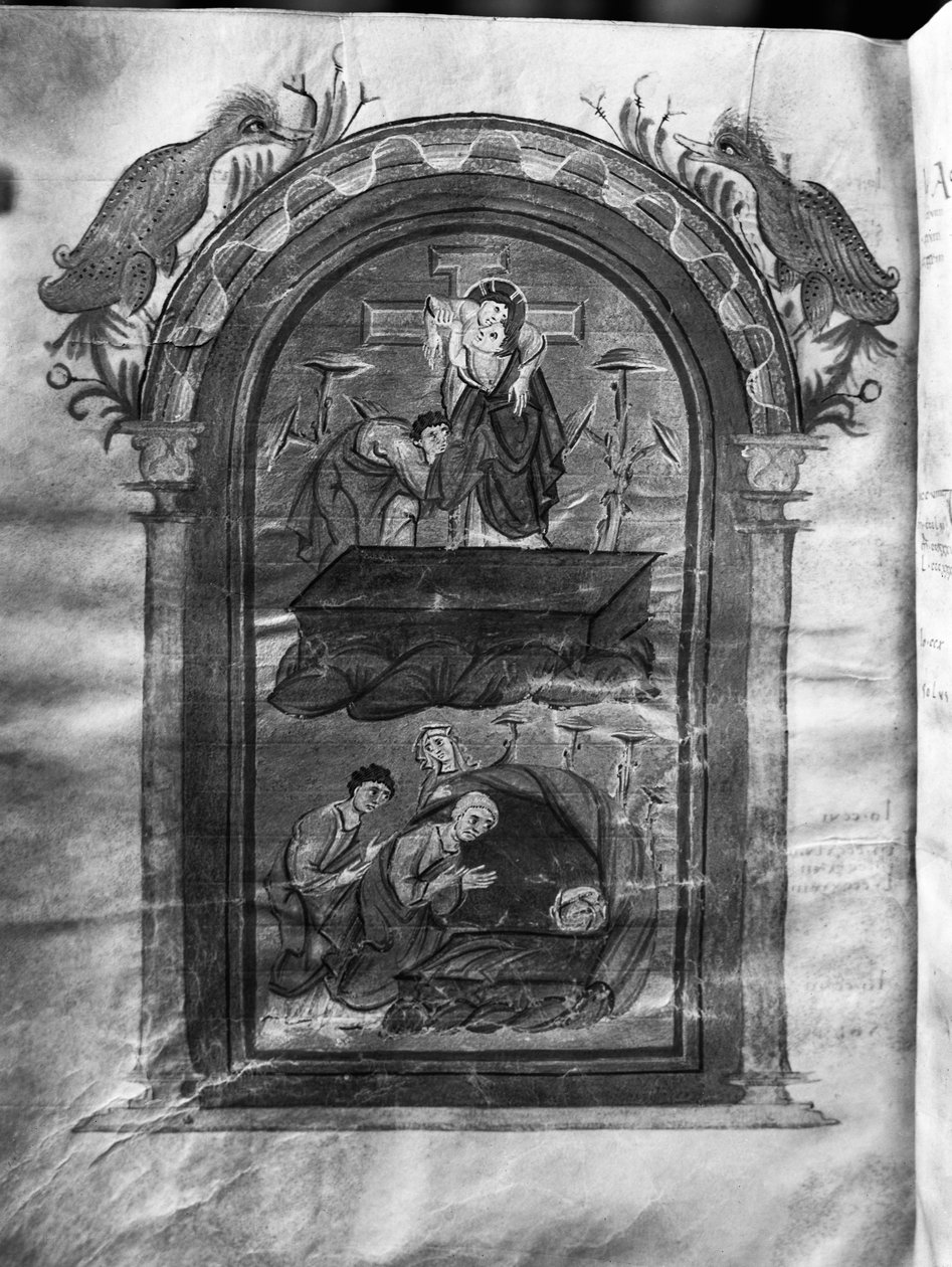 f.234v, Haçtan iniş ve öğrencilerin mezarı ziyareti, Liuthar-Evangeliar / Otto-Evangelar, c.990 (parşömen tavlaması) by German School