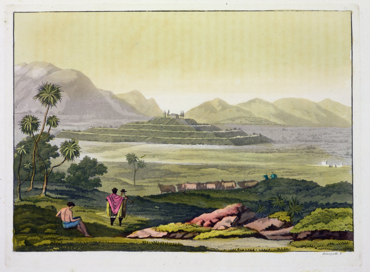 Teocalli, Tenochtitlan'daki Büyük Tapınak, Meksika, Aztek (litografi) by Gerolamo Fumagalli