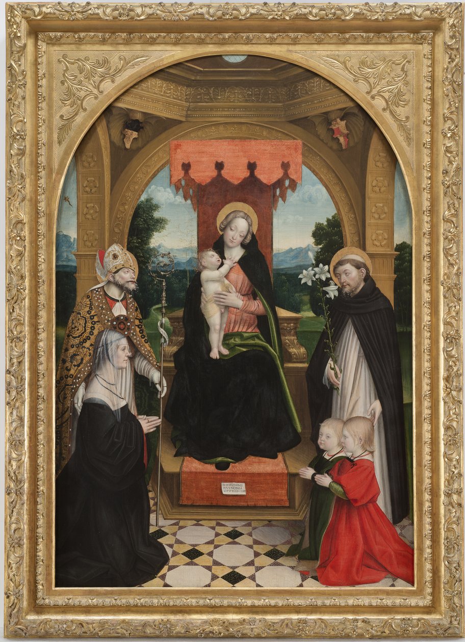 Madonna, Çocuk ile Saints Abbondio ve Dominic, komiser Ludovica Buronzo ve oğulları Peter ve Jerome arasında tahta çıktı by Gerolamo Giovenone