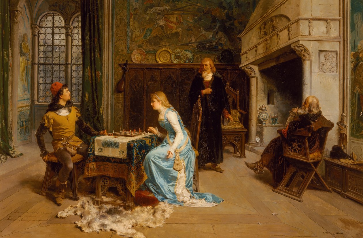 Fernando ve Iolanda Satranç Oynarken (tuval üzerine yağlı boya) by Gerolamo Induno