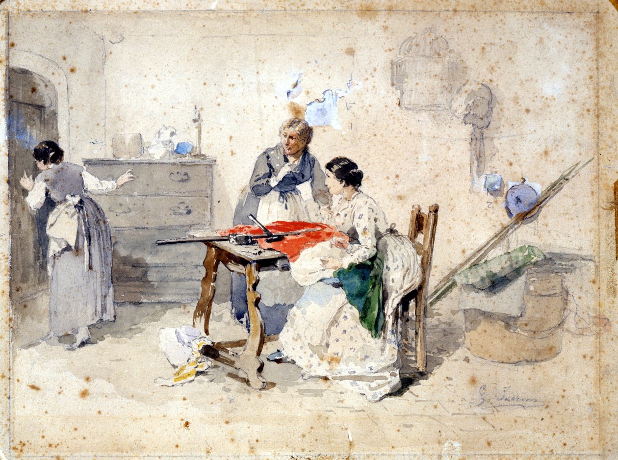 Milanlı kadınlar İtalyan üç renkli bayrağını yapıyor. Gerolamo (Girolamo) Induno (1825 - 1890) tarafından suluboya. Milano, Risorgimento Müzesi. by Gerolamo Induno