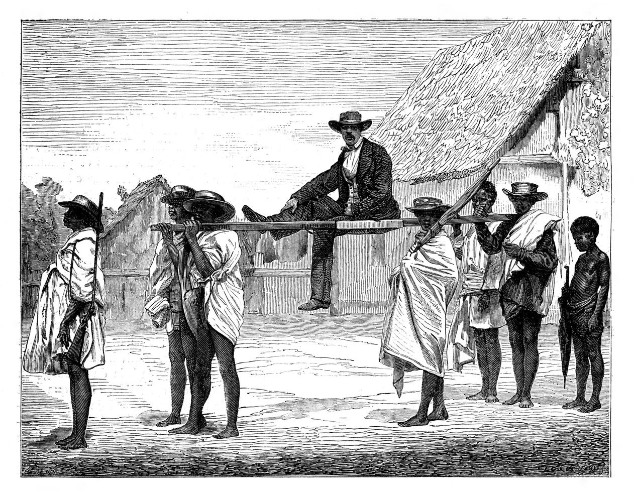 Beyaz bir adam taşıyan Afrika yerlileri, Afrika, 19. yüzyıl. by Gerome Staal