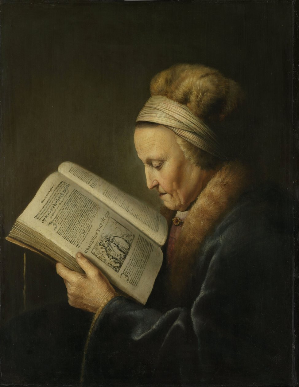 Okuyan yaşlı bir kadının portresi by Gerrit Dou