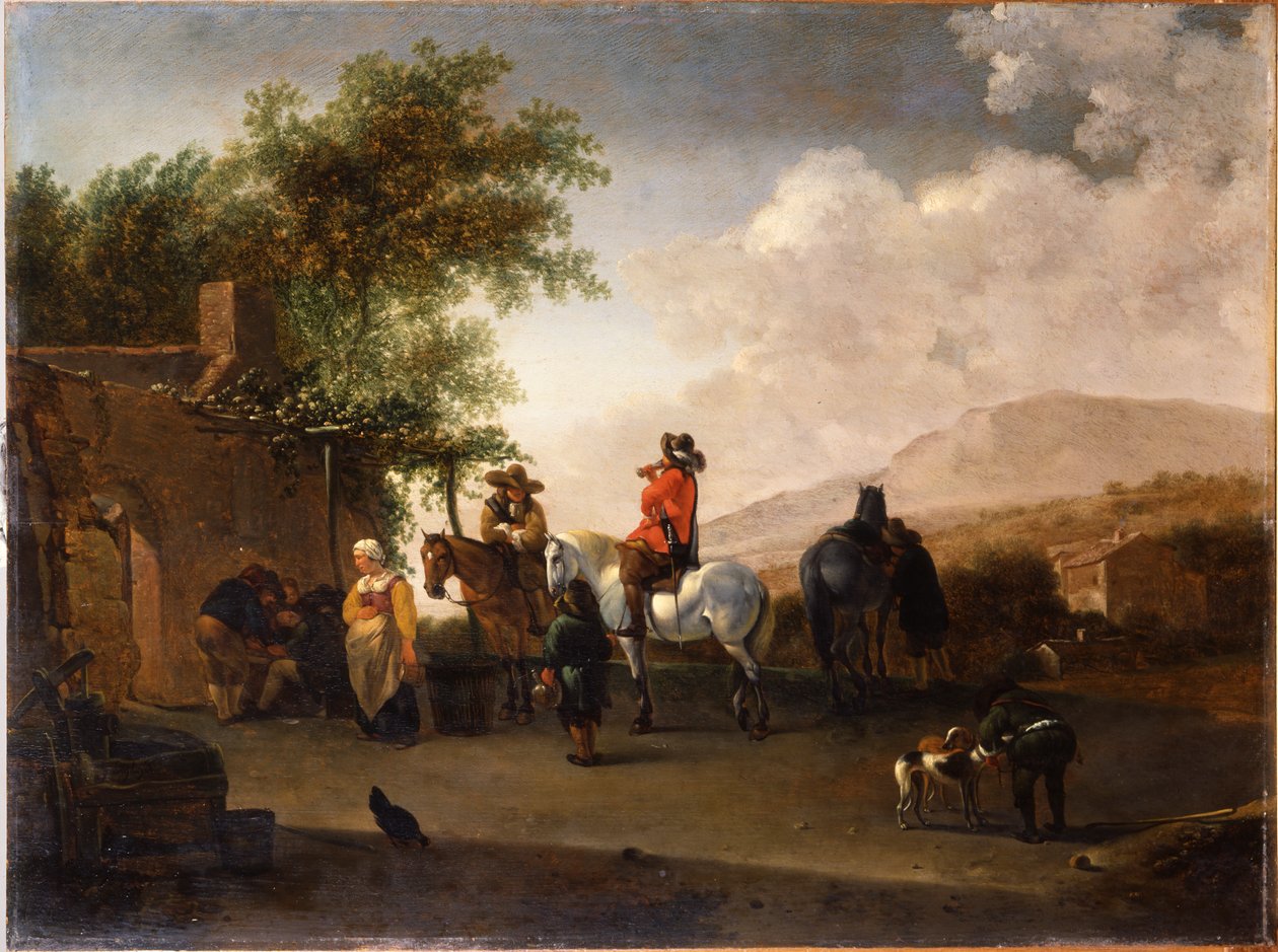 İtalyan bir manzarada bir dağ geçidinde at sırtında serinletici içecekler by Gerrit Adriaensz Berckheyde