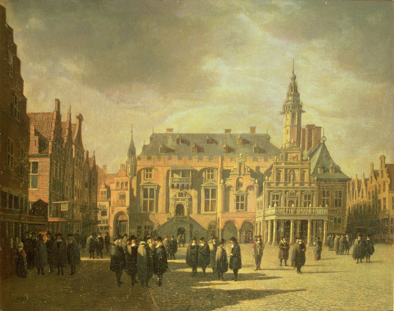 Haarlem Pazar Meydanı'ndaki Belediye Binası'nın görünümü by Gerrit Adriaensz Berckheyde