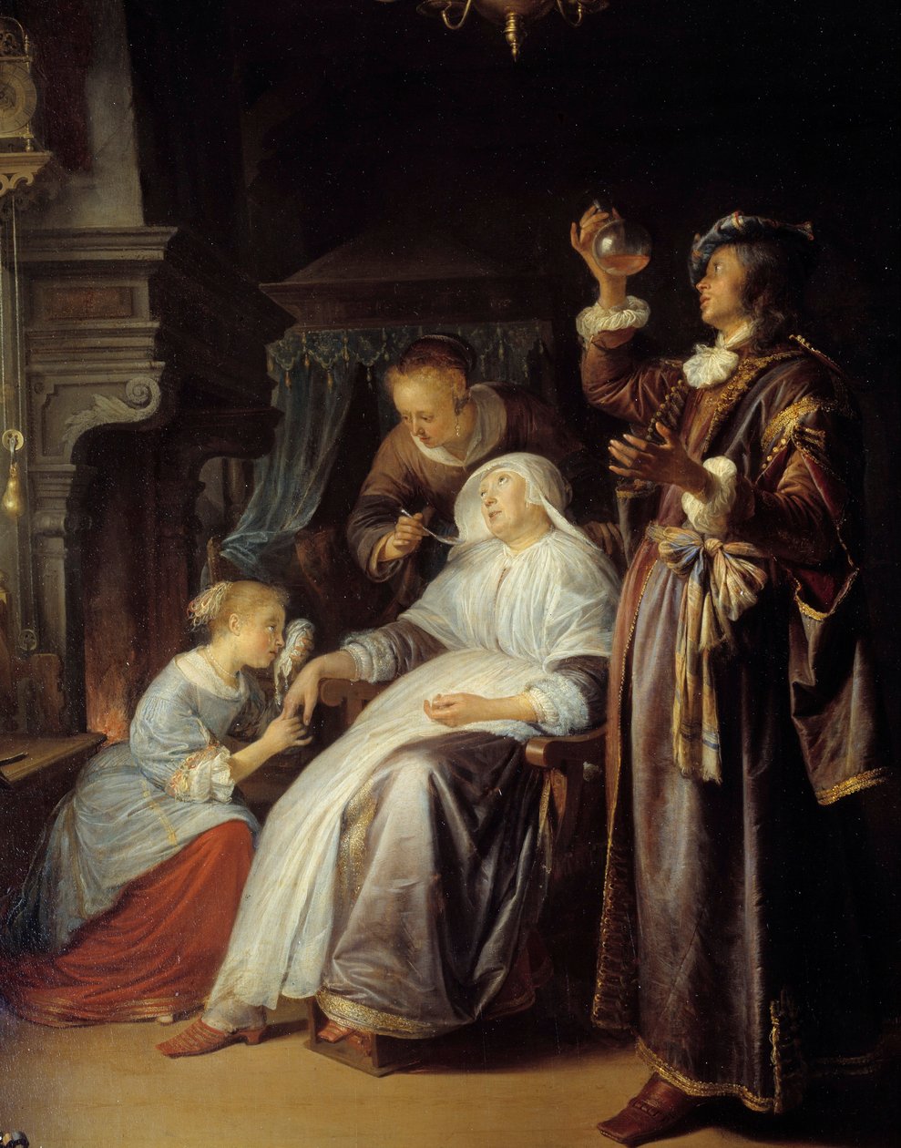 Hidropik kadın. Doktor, damlası olan bir kadının idrarını inceler. Detay. Gerard Dou