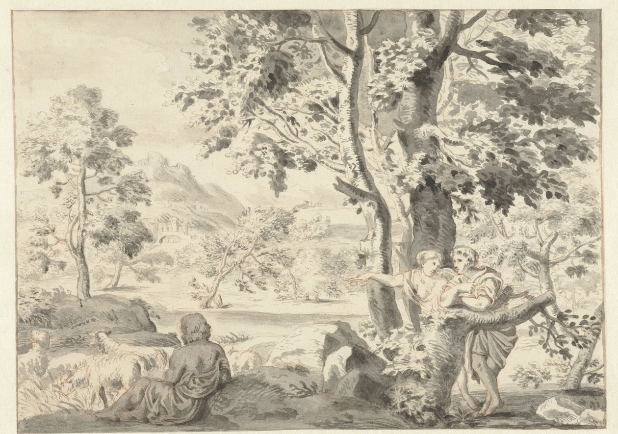 Bir çoban, bir erkek ve bir kadın ile ormanlık manzara by Gerrit Grasdorp (possibly)