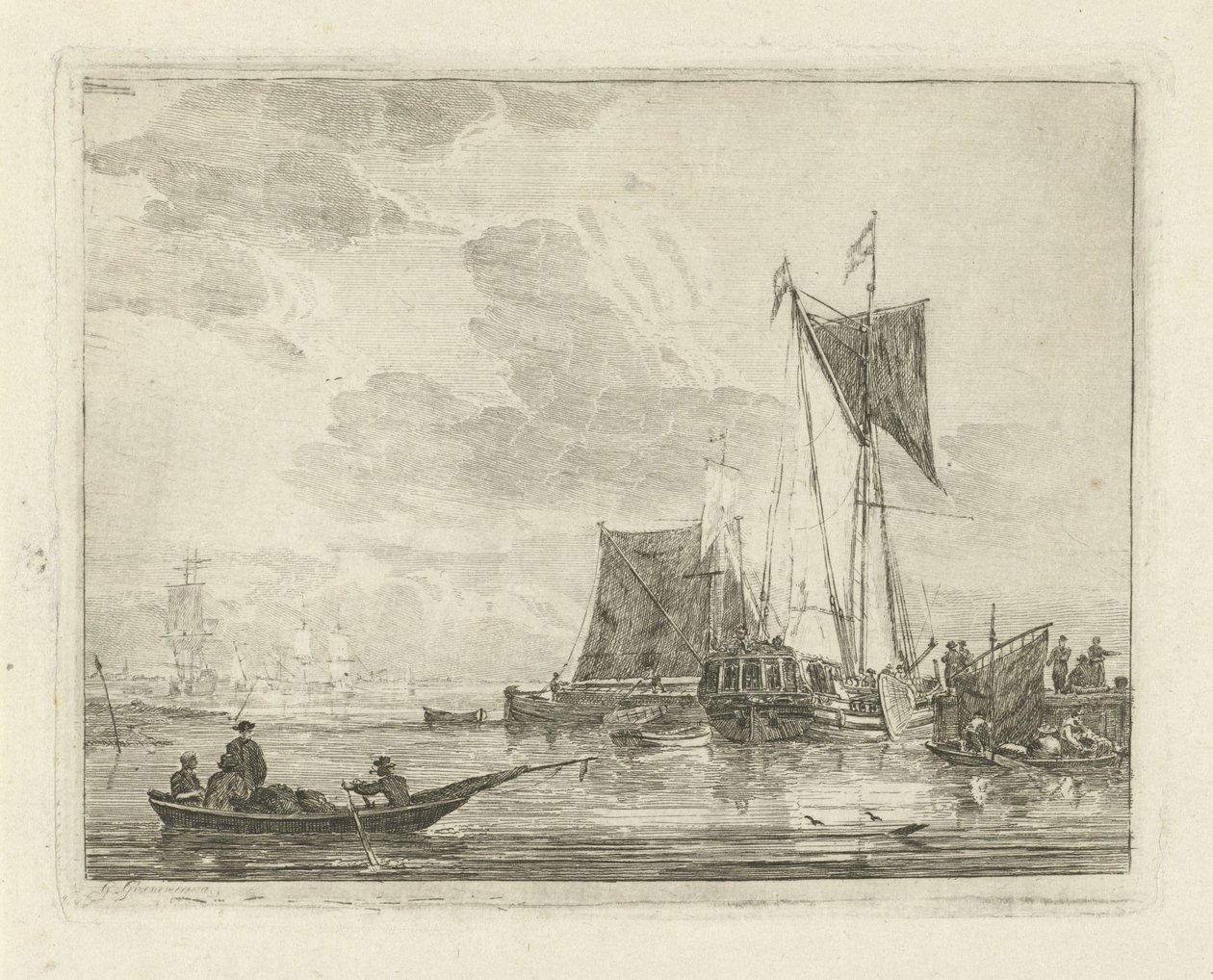 Bir iskelede gemiler Gemilerle deniz manzaraları (dizi başlığı) by Gerrit Groenewegen