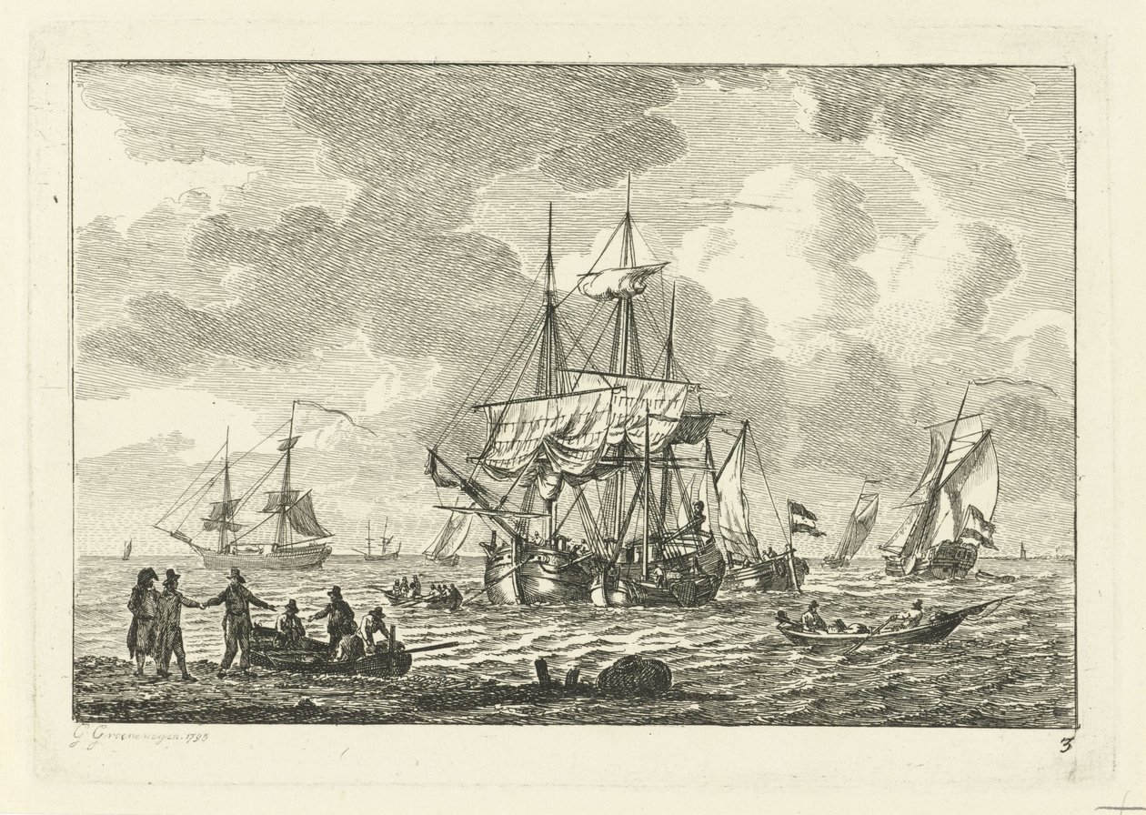 Üç usta ile deniz manzarası Sudaki çeşitli gemiler (dizi başlığı) by Gerrit Groenewegen
