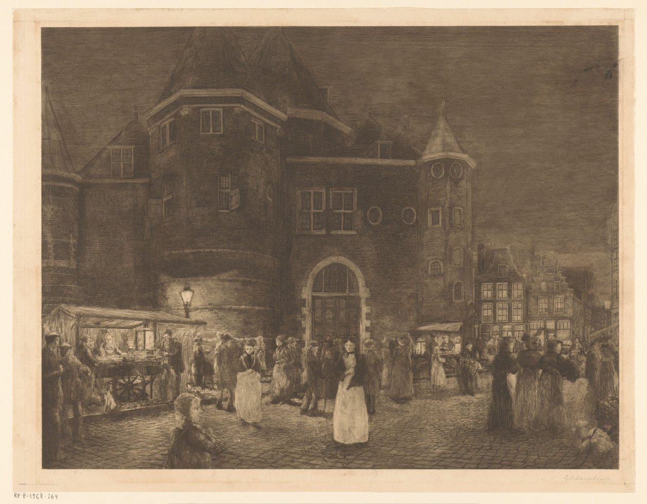 Geceleri Amsterdam'daki Nieuwmarkt'taki Waag'da pazar by Gerrit Haverkamp (signed by artist)