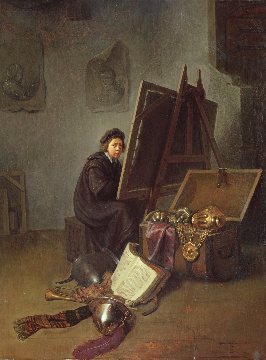 Sanatçının Stüdyosunda Şövalesinin Başındaki Portresi by Gerrit Dou