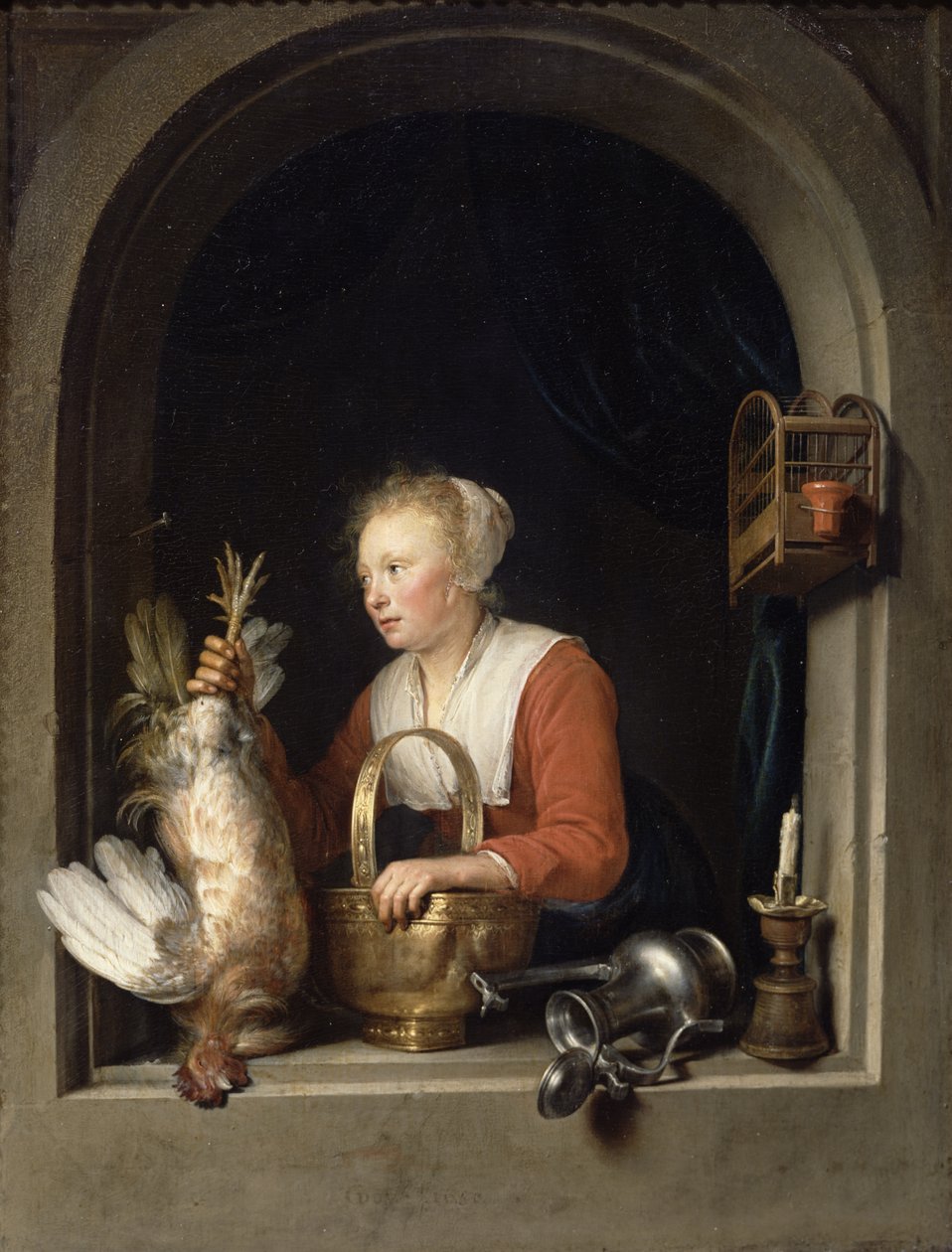 Hollandalı Ev Hanımı veya Pencereye Horoz Asan Kadın, 1650 by Gerrit Dou
