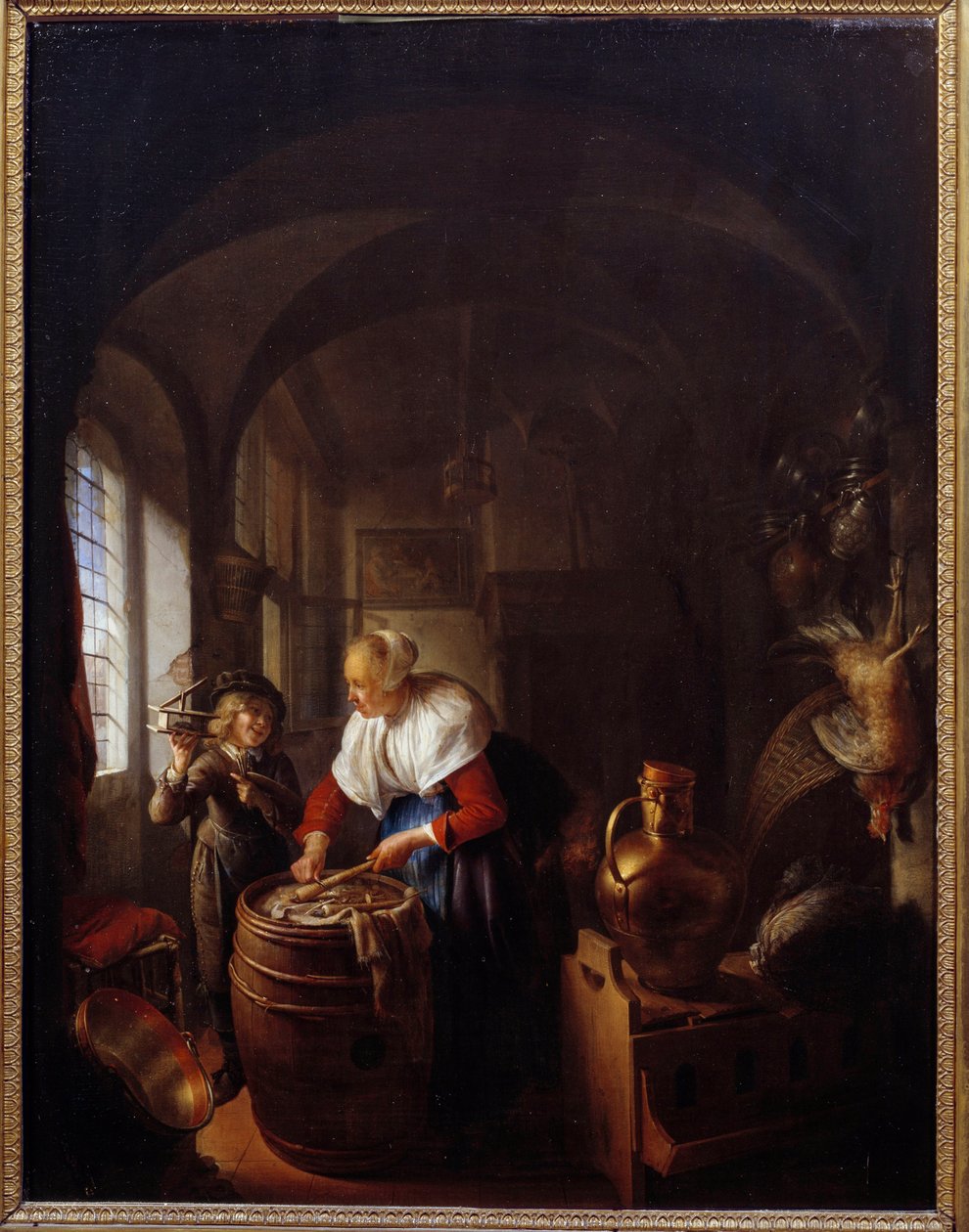 Fare. Bir çocuk annesine bir fare kapanı gösterir. Gerard Dou (1613-1675), Hol. by Gerrit Dou