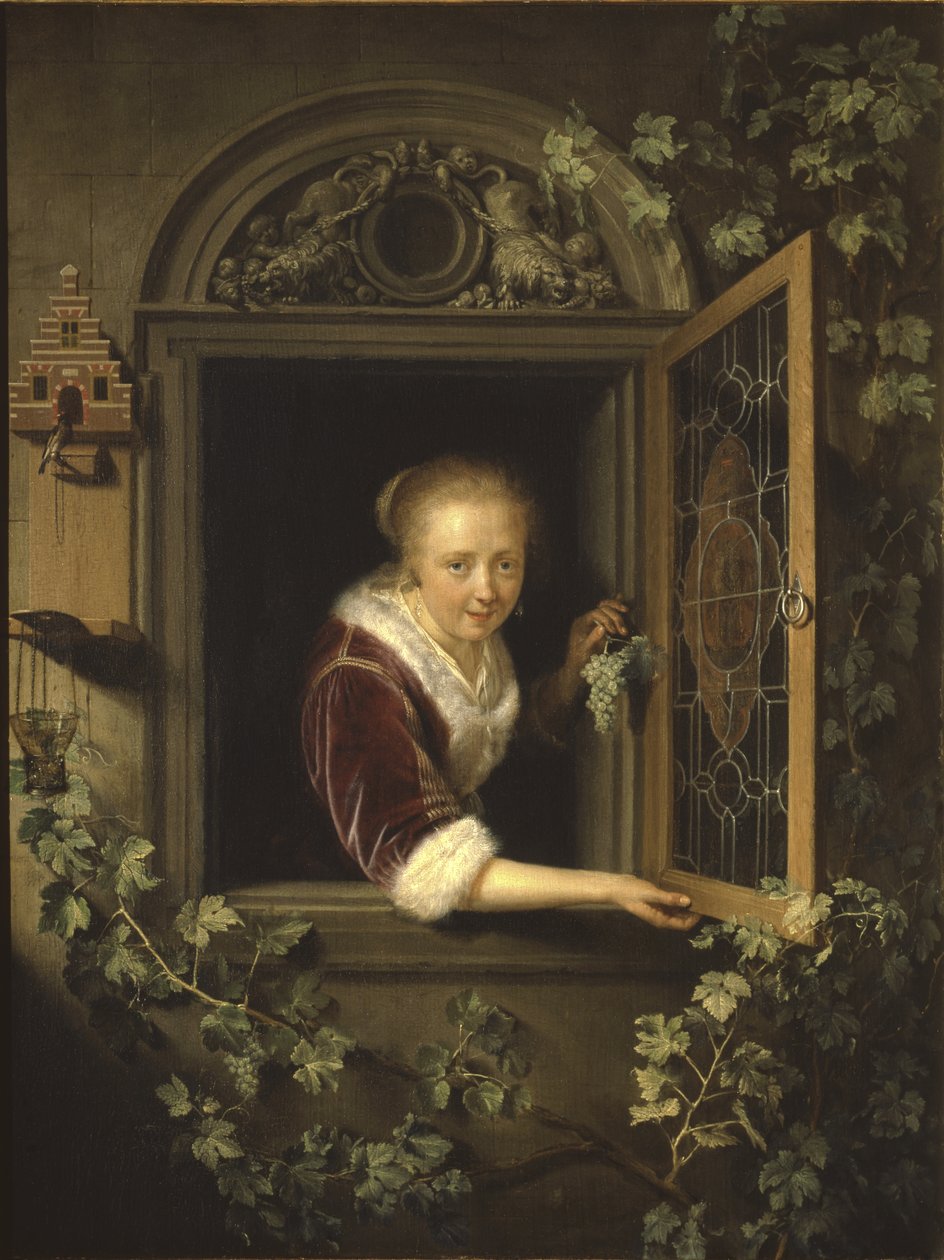 Pencerede Bir Salkım Üzümle Genç Kadın, 1622 by Gerrit Dou