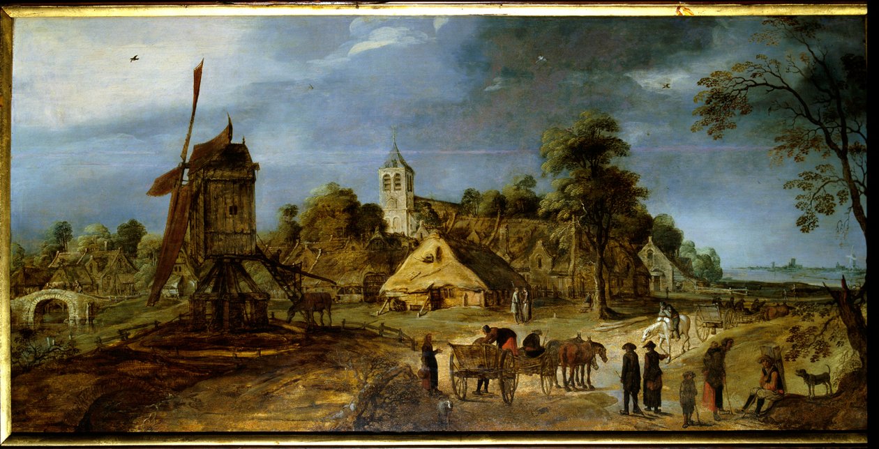 Değirmen ile bir köy sokak Hollanda kırsal manzara. Gerrit Van Honthorst