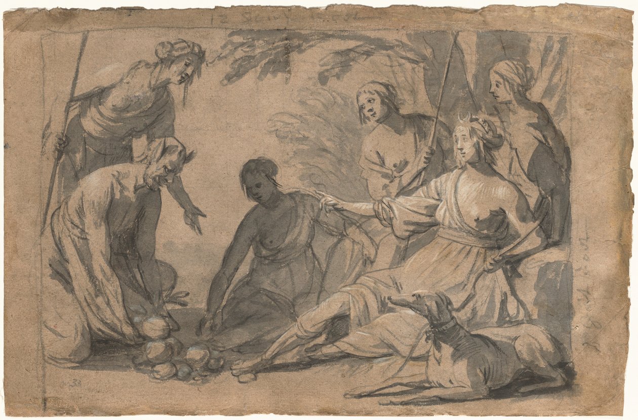 Diana ve Dört Peri Bir Satyr'den Hediyeler Alırken by Gerrit van Honthorst