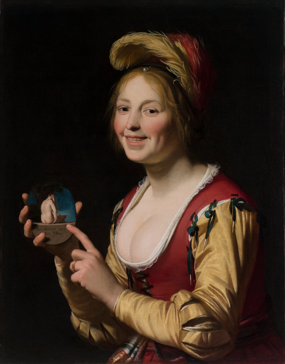 Gülümseyen Kız, Bir Fahişe, Elinde Müstehcen Bir Görüntü by Gerrit van Honthorst