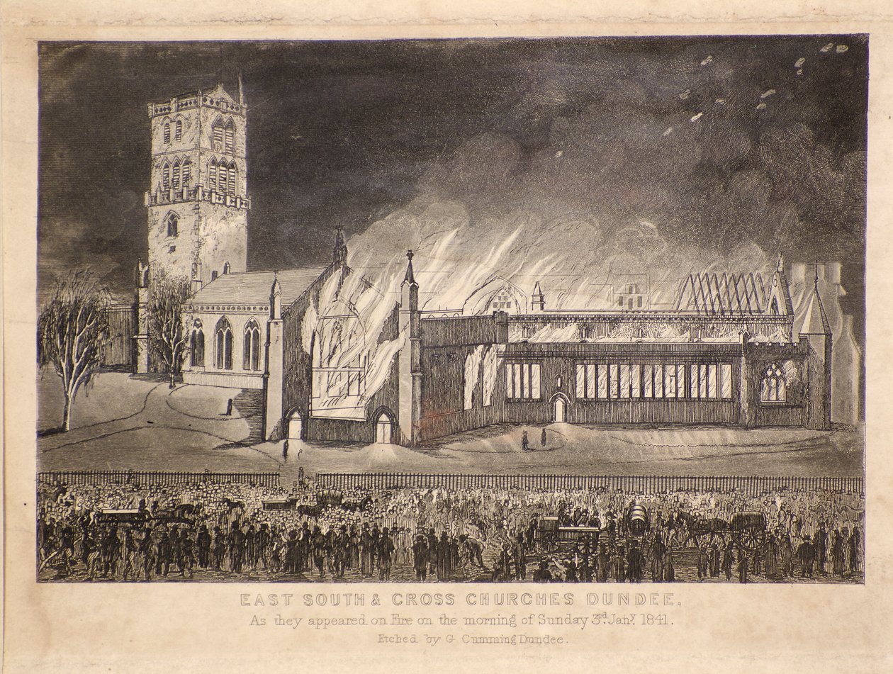 Doğu, Güney ve Haç Kiliseleri, Dundee, 3 Ocak 1841 Pazar günü Ateşte göründükleri gibi, c.1841 (gravür) by Gershom Gourlay Cumming