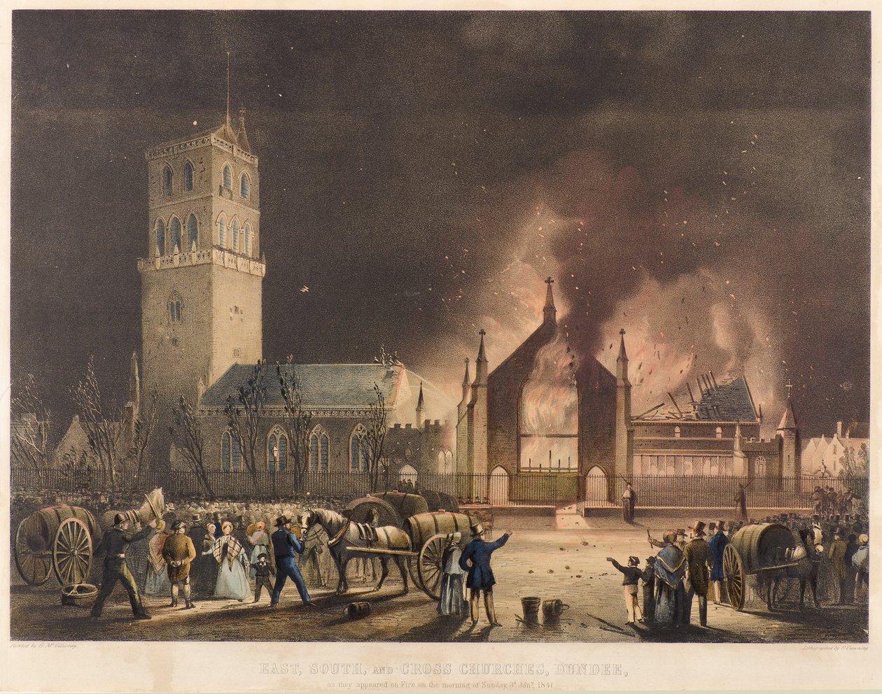 Doğu, Güney ve Haç Kiliseleri, Dundee, 3 Ocak 1841 Pazar günü Ateşte göründükleri gibi, 1841 dolayları (litografi) by Gershom Gourlay Cumming