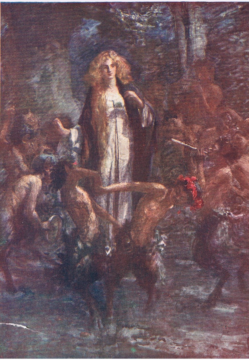 Satirler onun etrafında neşe içinde dans ettiler, George Harrap and Company tarafından yayınlanan Faerie Queen'den Hikayeler by Gertrude E. Demain (after) Hammond