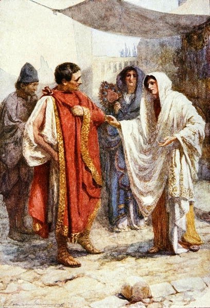 Şimdi nasıl oldu da kocam, o zaman kendine yabancılaştın? 1910 dolaylarında yayınlanan 'Shakespeare'den Hikayeler: Thomas Carter tarafından Yeniden Anlatıldı'daki 'Hatalar Komedisi'nden bir örnek (renkli lito) by Gertrude E. Demain Hammond