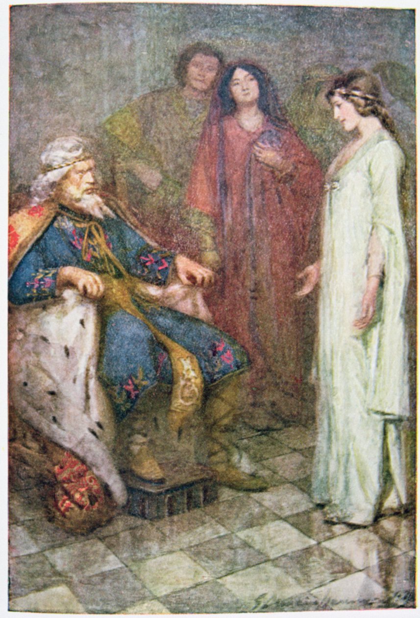 Hiçbir şey Lordum, 1910 dolaylarında yayınlanan 'Shakespeare'den Hikayeler: Thomas Carter'ın Yeniden Anlattığı'ndaki 'Kral Lear'dan illüstrasyon (renkli lito) by Gertrude E. Demain Hammond
